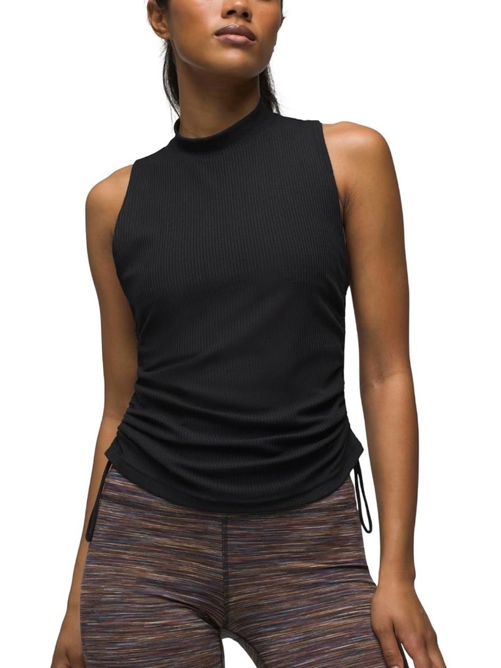 Prana Blazing Star Waffle Sleeveless Mock Neck Tank with Side Ruching - Black